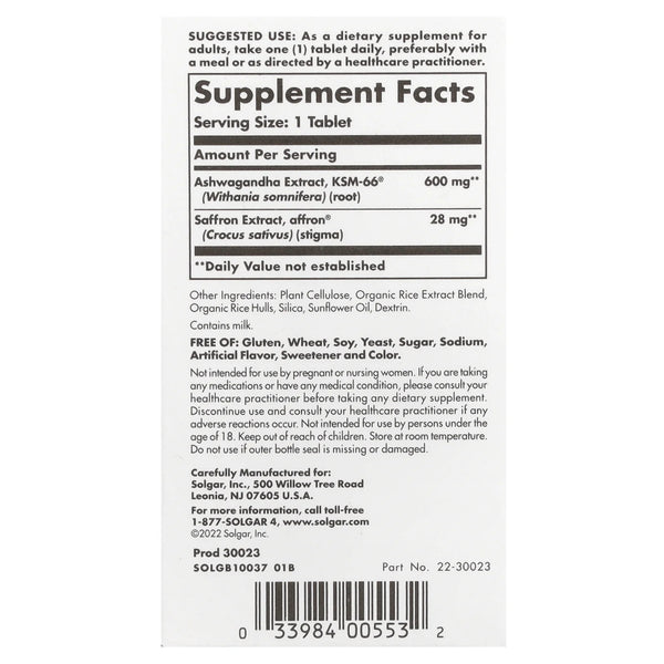 Solgar, Ashwagandha, Anti Estrés y Ansiedad, 30 tbs