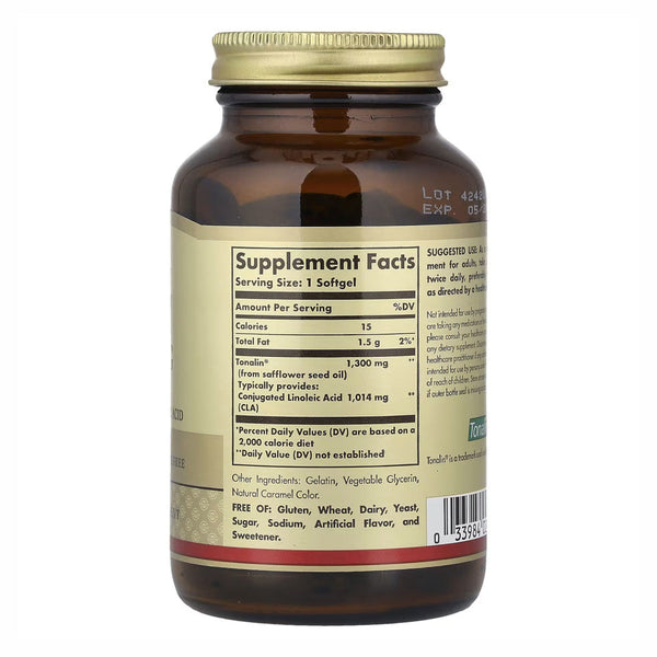 Solgar Tonalin CLA 1300mg 60 cps - vista trasera con tabla de suplementos
