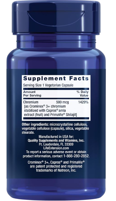 Life Extension, Optimized Chromium con Crominex 3+ - Etiqueta trasera (Supplement Facts)
